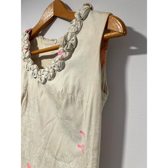 1960s Vintage Sleeveless Shift Mini Dress Butterfly Print Rosette Neckline Sm JL - Picture 2 of 11